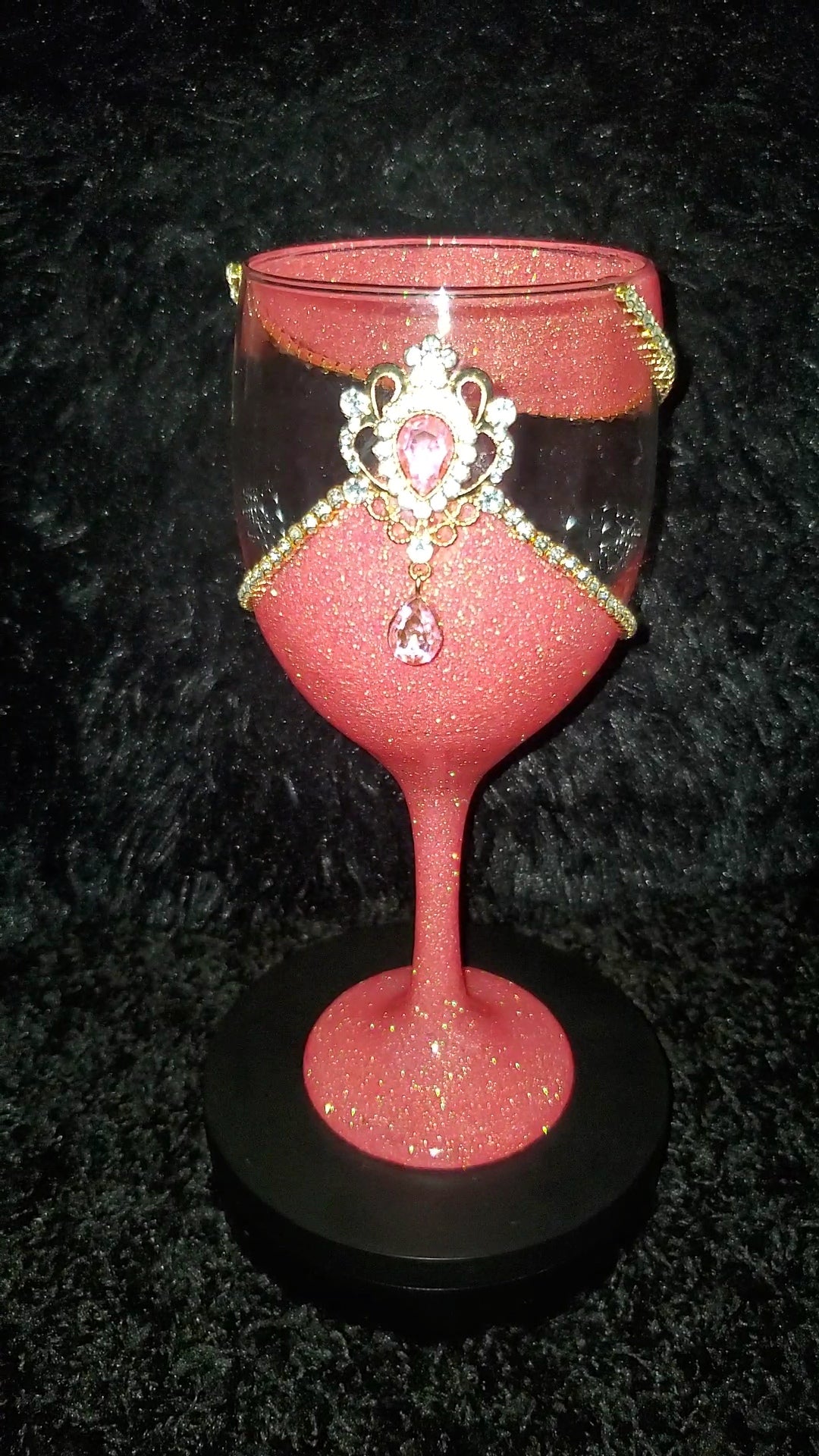 Pink Glitter Wineglass With Double Rhinestone Trim & Statement Piece
