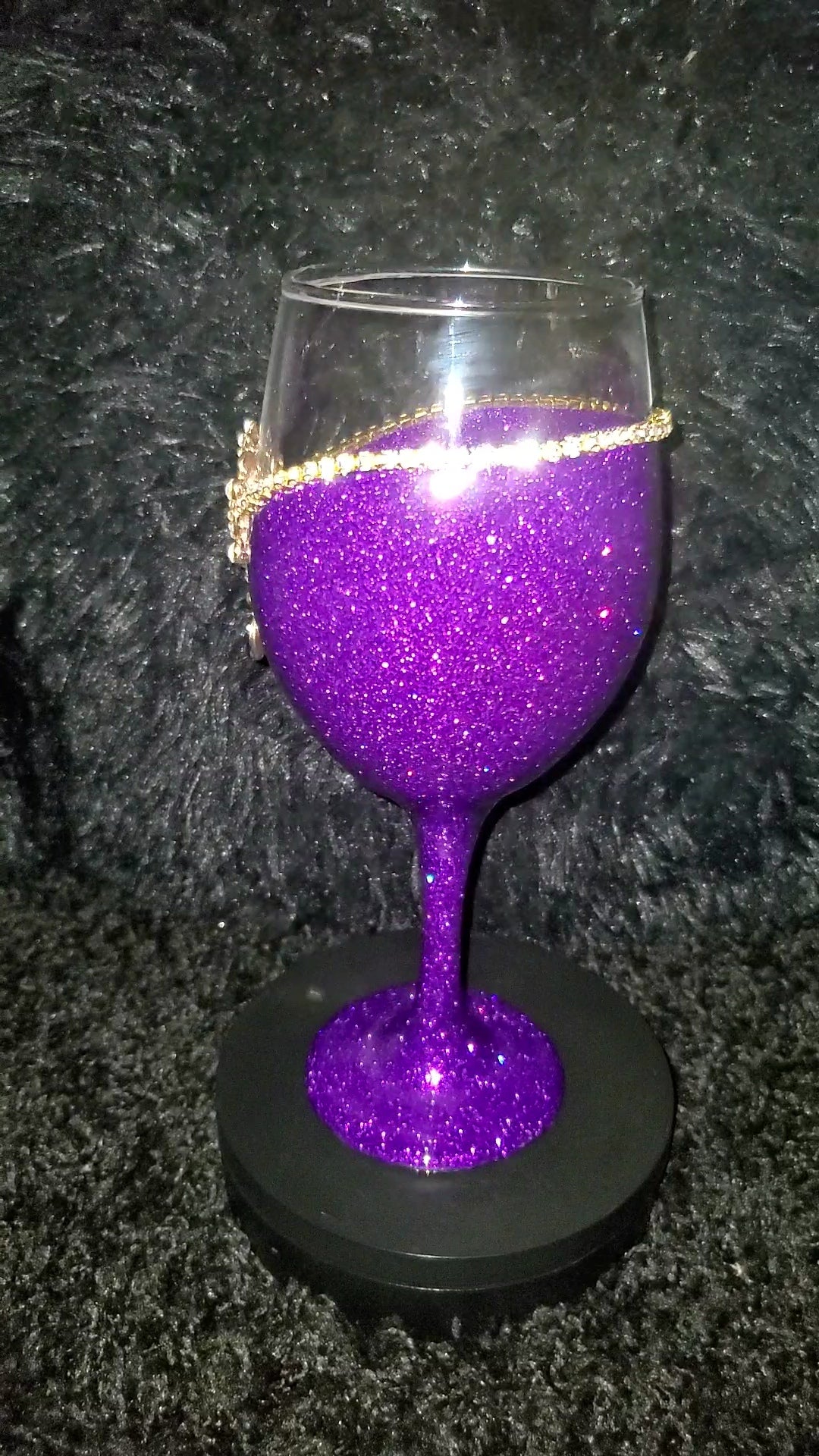 Purple Glitter Wine Glass With A Gold Rhinestone Trim & Statement Piece
