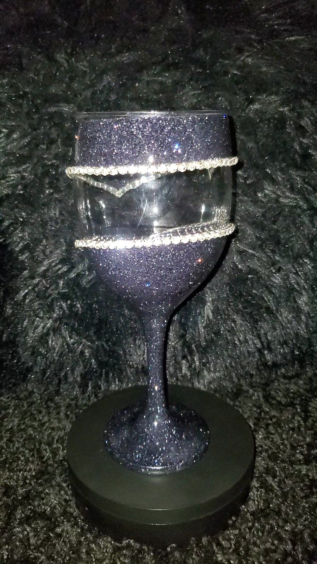Black Glitter Wine Glass With A Double Rhinestone Trim