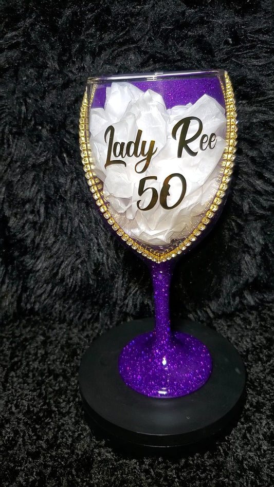 Custom Glittered Wine Glass with Rhinestone Trim