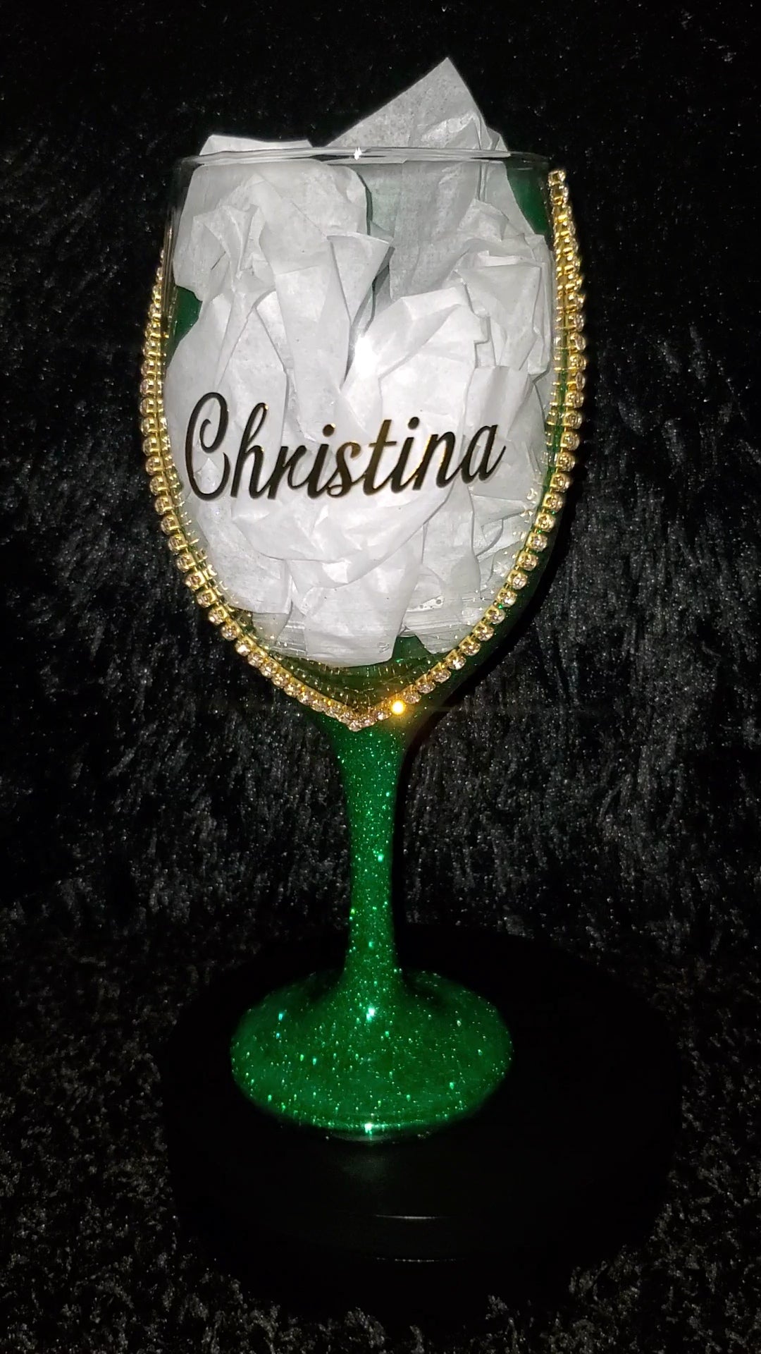 Custom Glittered Wine Glass with Rhinestone Trim