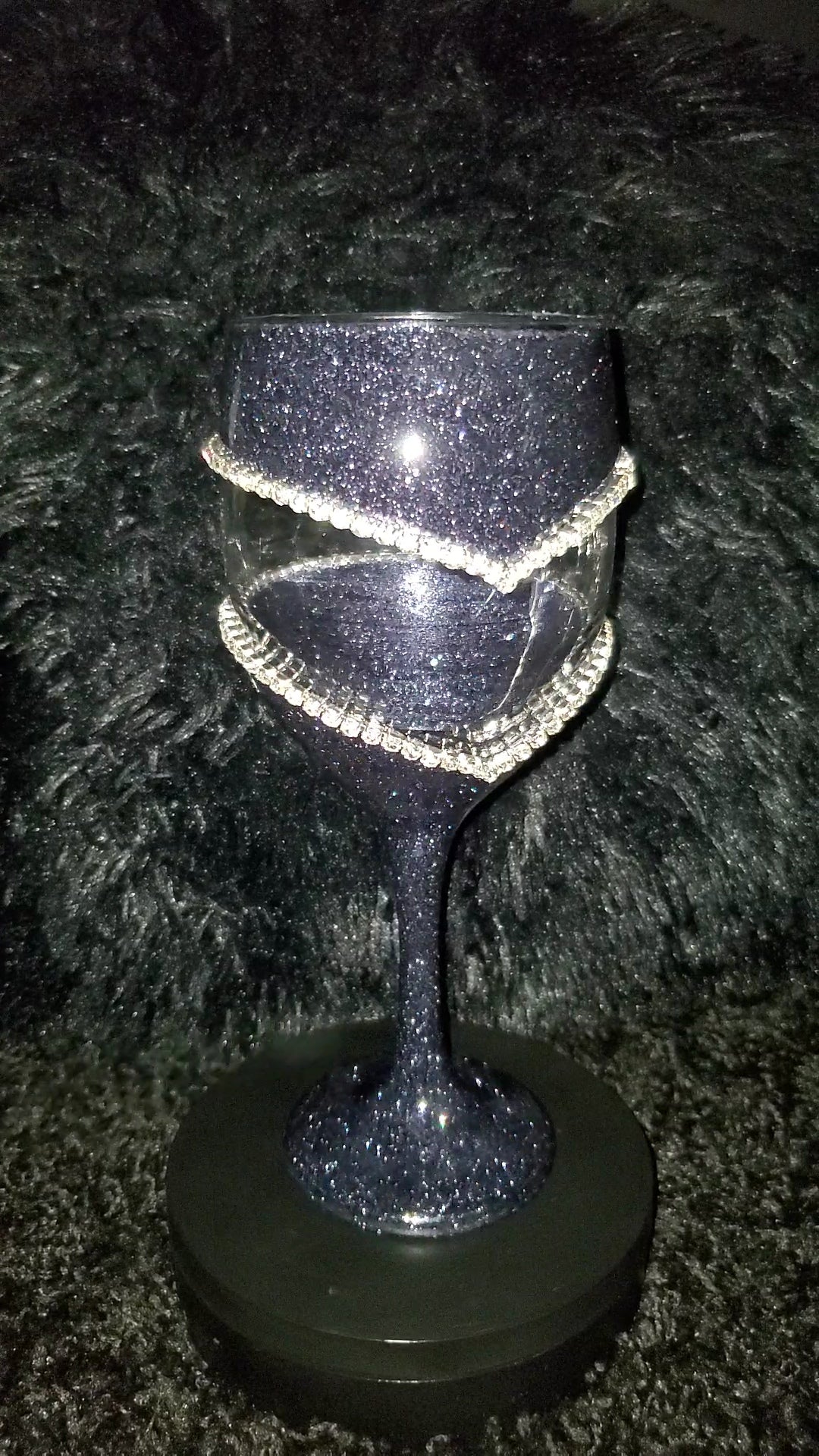 Black Glitter Wine Glass With A Double Rhinestone Trim