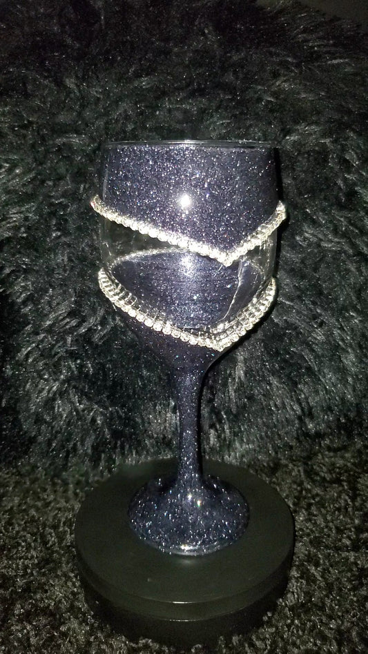 Black Glitter Wine Glass With A Double Rhinestone Trim