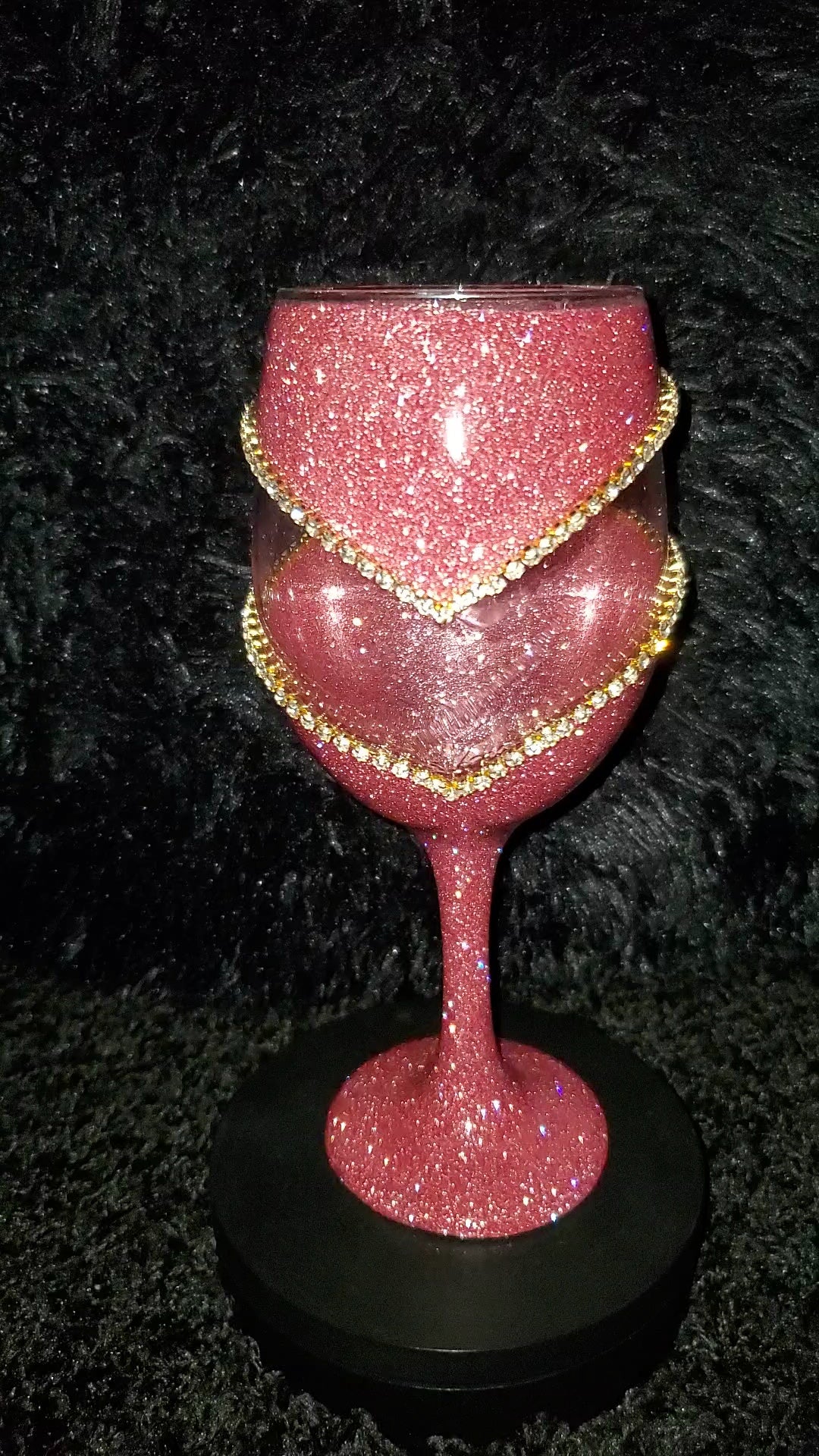 Rose Gold Glitter Wine Glass With A Double Rhinestone Trim