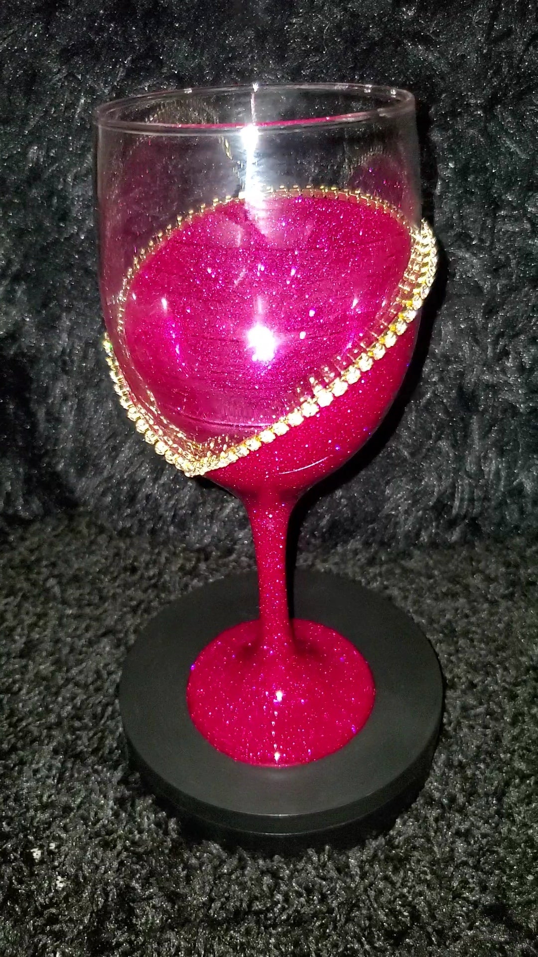 Fushia Pink Wine Glass With Gold Rhinestone Trim