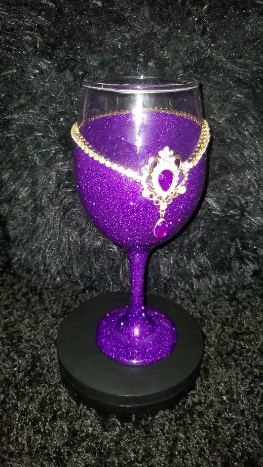 Purple Glitter Wine Glass With A Gold Rhinestone Trim & Statement Piece