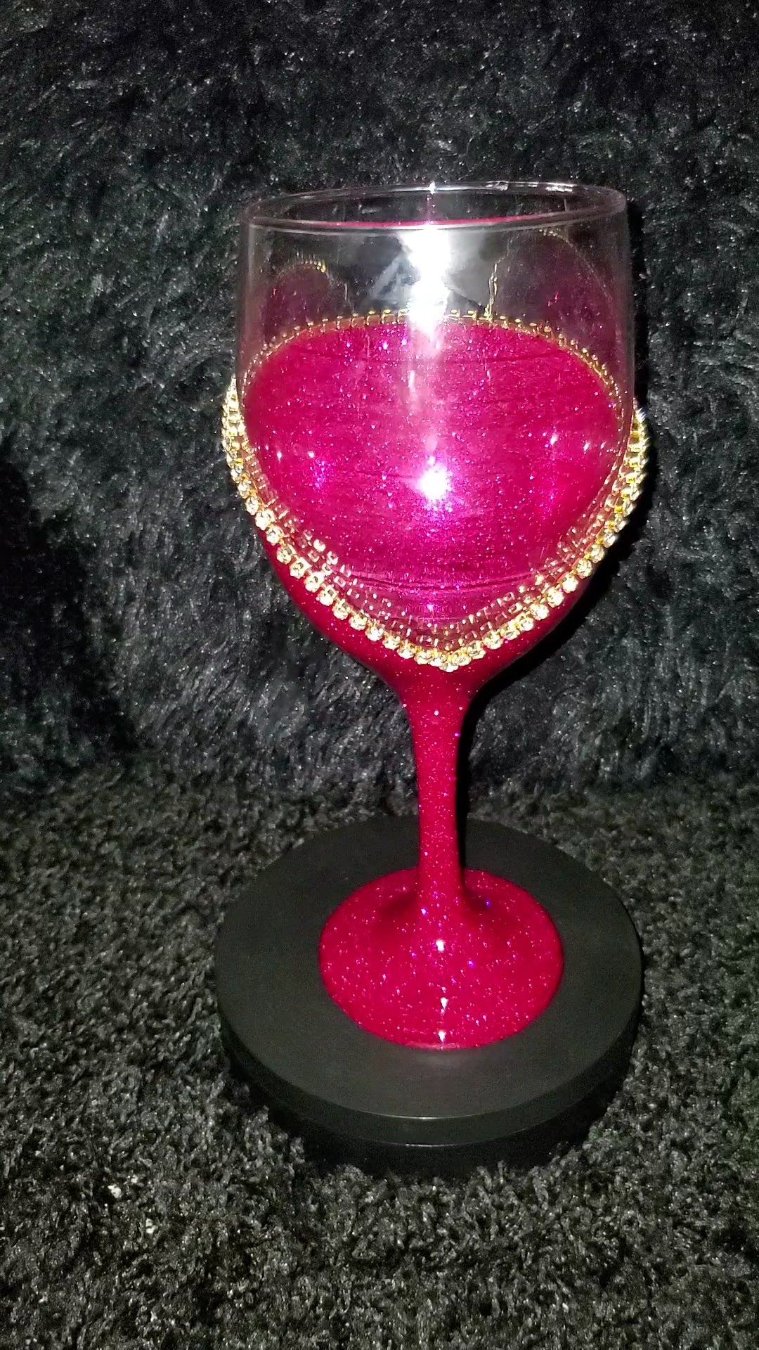 Fushia Pink Wine Glass With Gold Rhinestone Trim