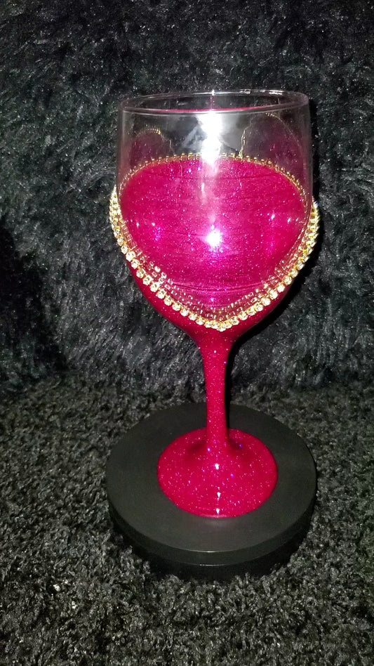 Fushia Pink Wine Glass With Gold Rhinestone Trim