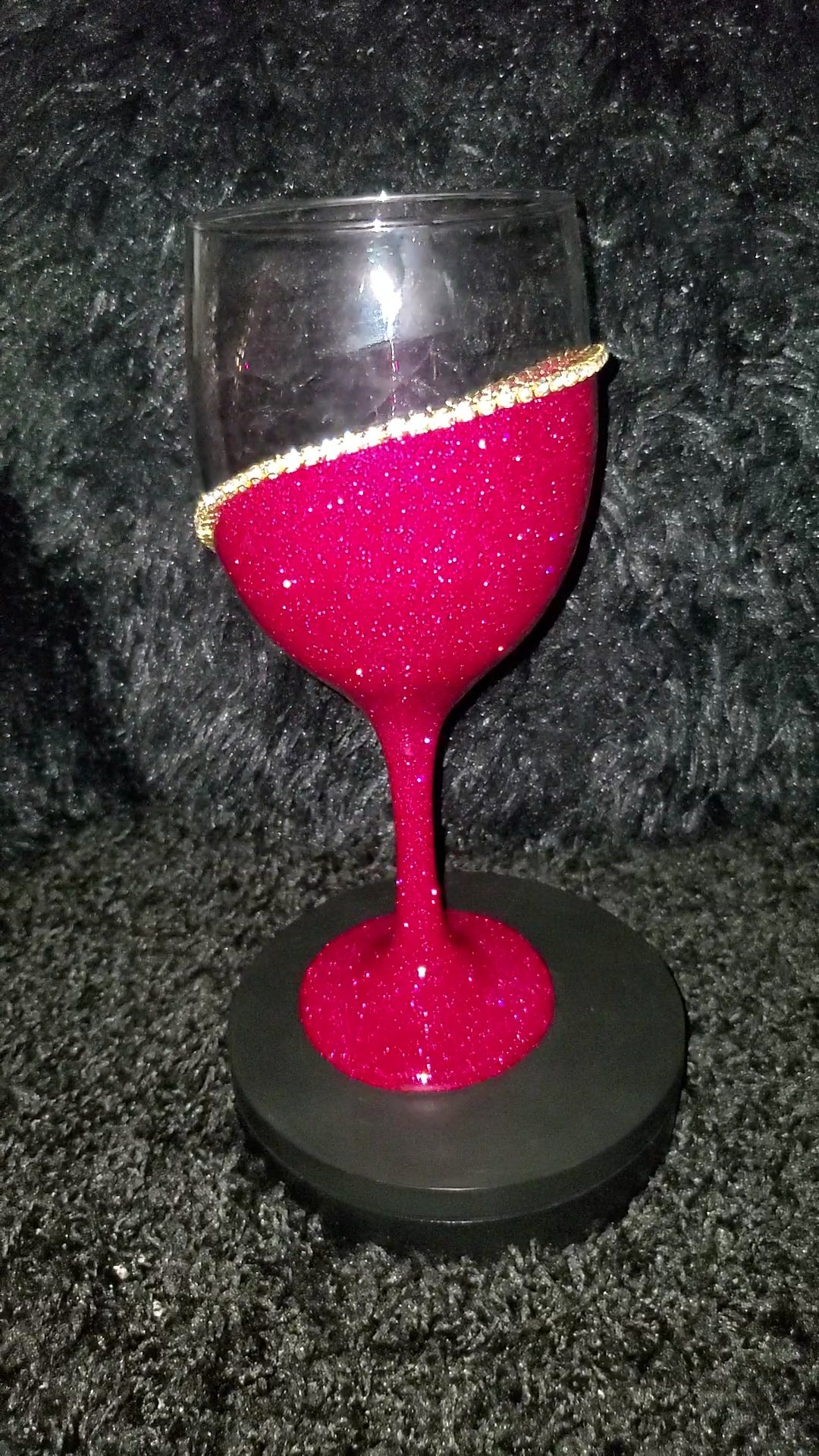 Fushia Pink Wine Glass With Gold Rhinestone Trim
