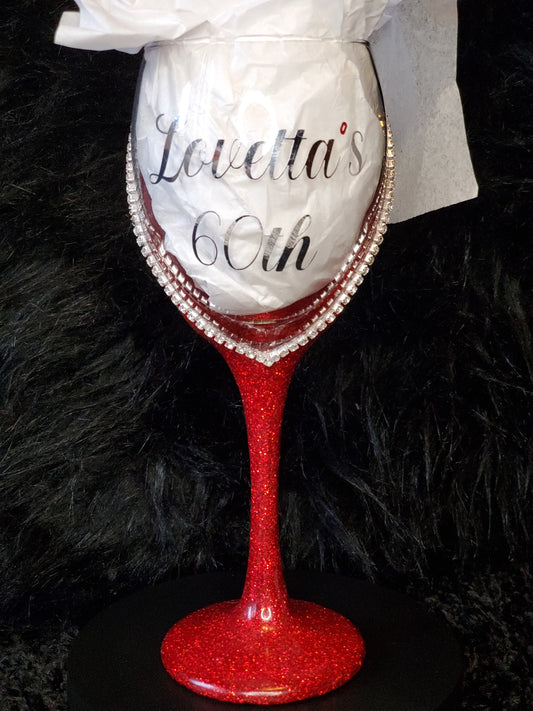 Custom Glittered Wine Glass with Rhinestone Trim